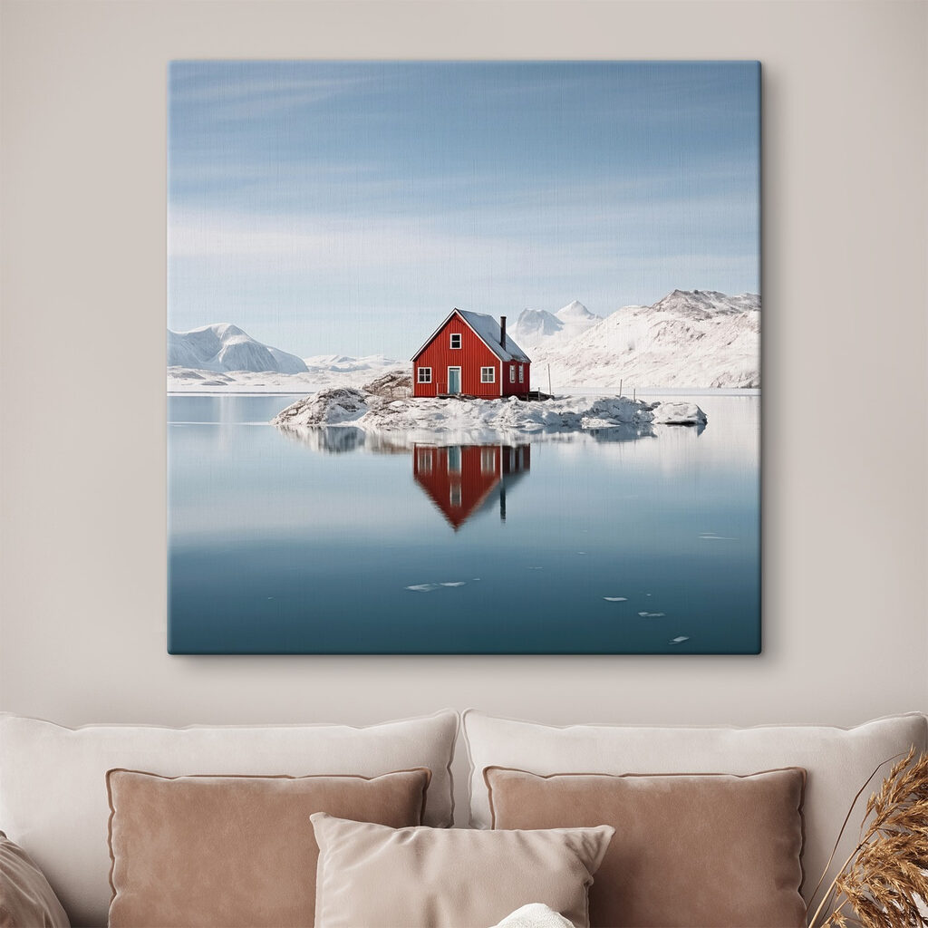 Red house on an island in water with snow covered mountains in the background