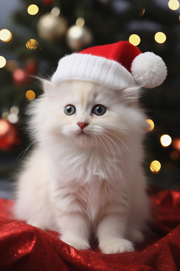 Biele mačiatko s čiapkou Santa Biele mačiatko s čiapkou Santa
