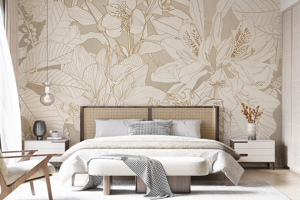 Wallpaper with flowers and leaves