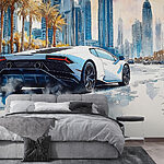 Fototapety Maľba bieleho športového auta jazdiaceho po ceste s palmami