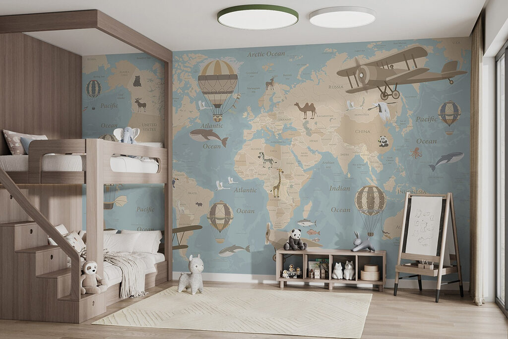 Map of the world with airplanes and hot air balloons Map of the world with airplanes and hot air balloons