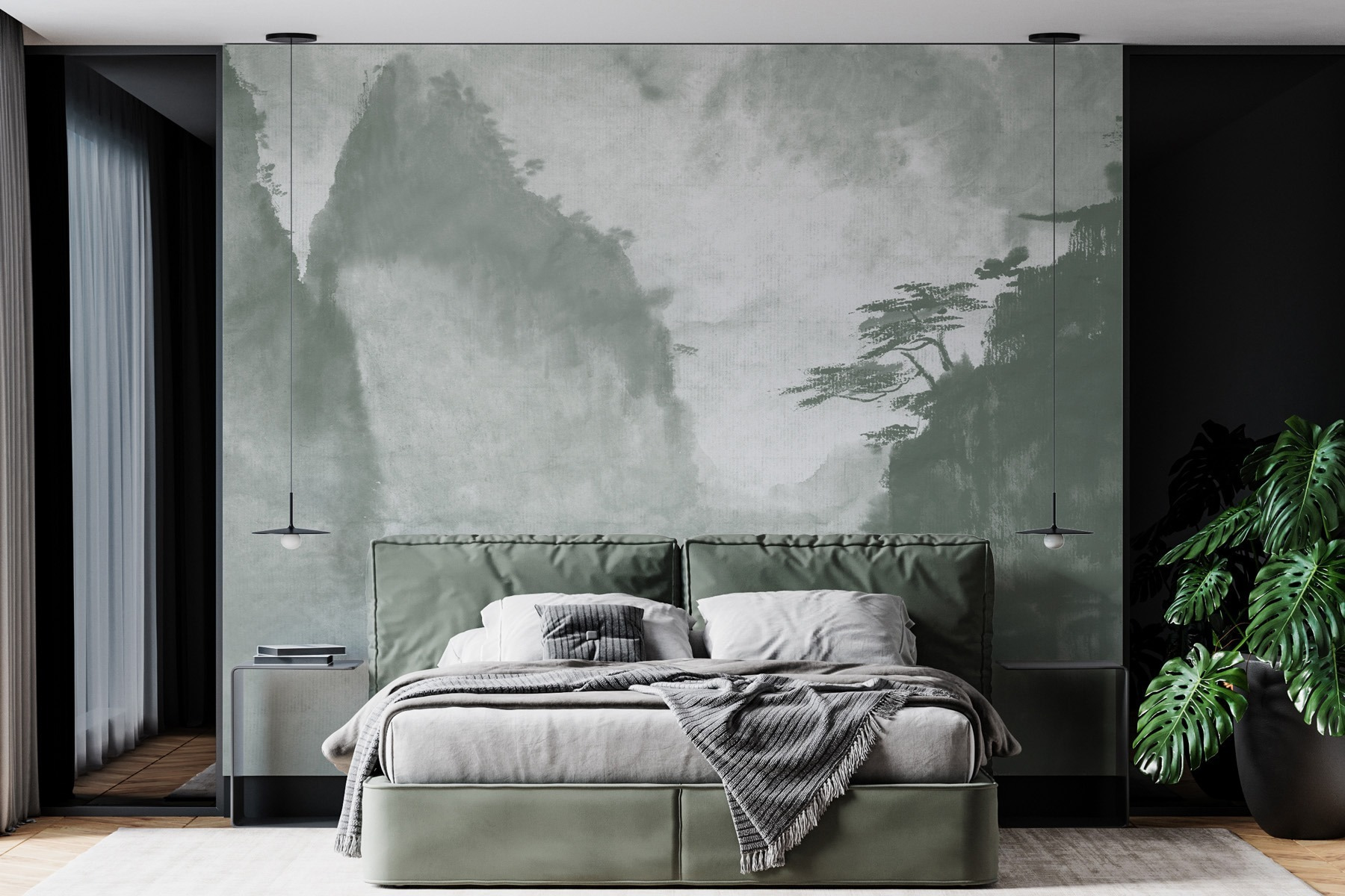 Painting of trees and mountains