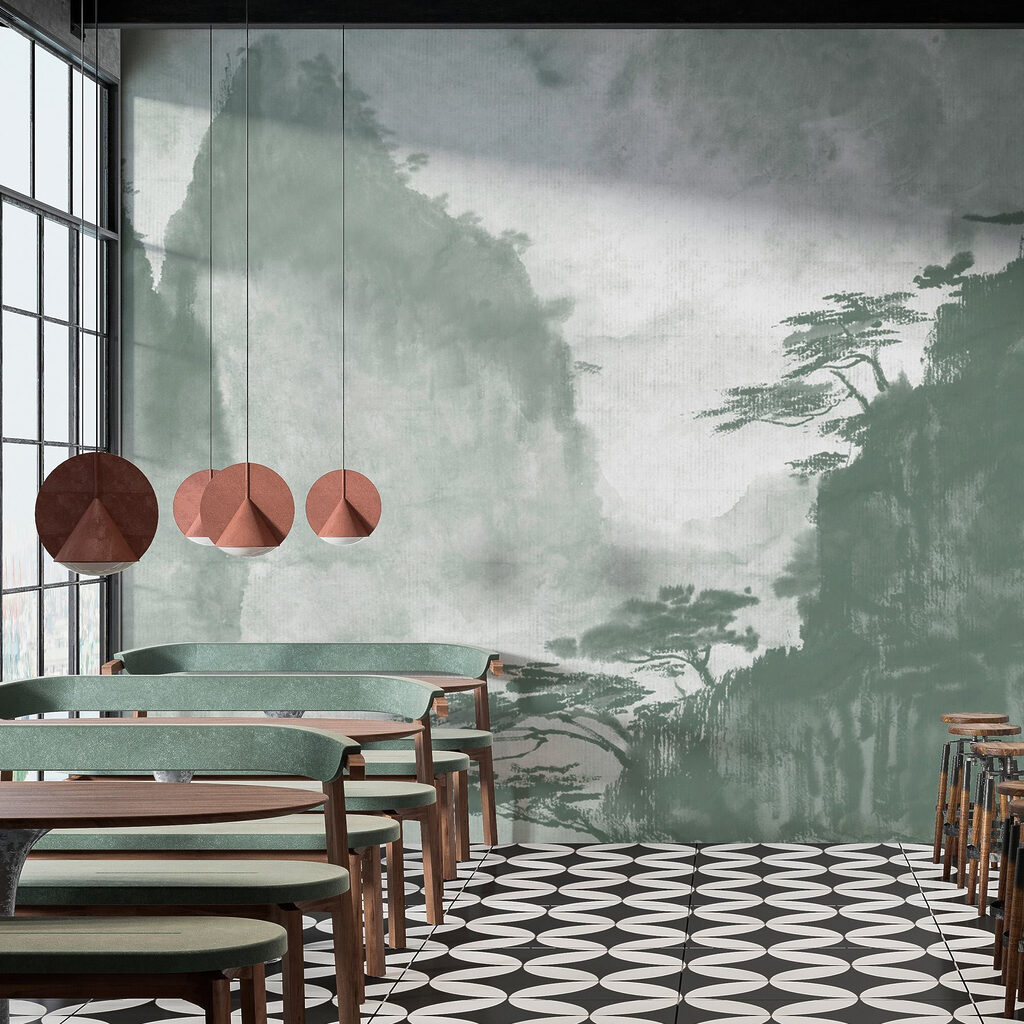 Painting of trees and mountains