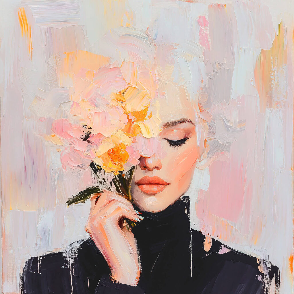 Painting of a woman holding flowers Painting of a woman holding flowers