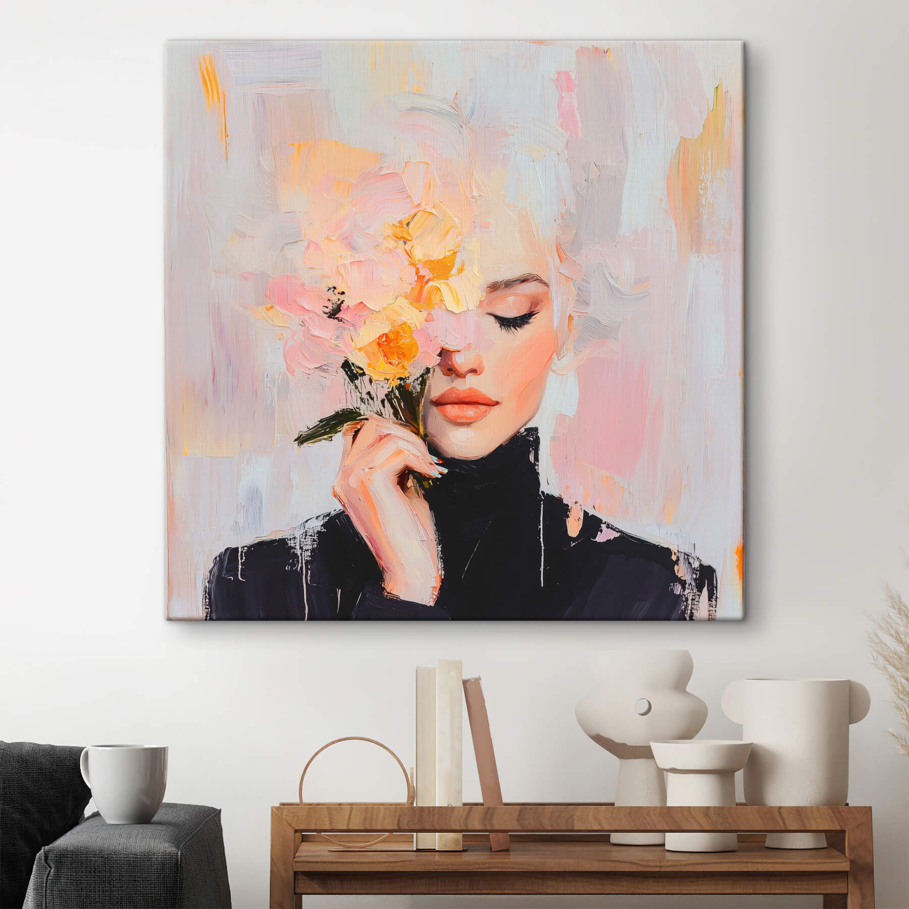 Painting of a woman holding flowers Painting of a woman holding flowers