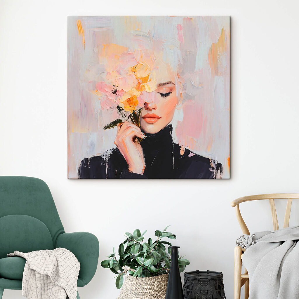 Painting of a woman holding flowers Painting of a woman holding flowers