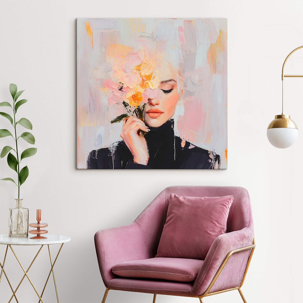 Painting of a woman holding flowers Painting of a woman holding flowers