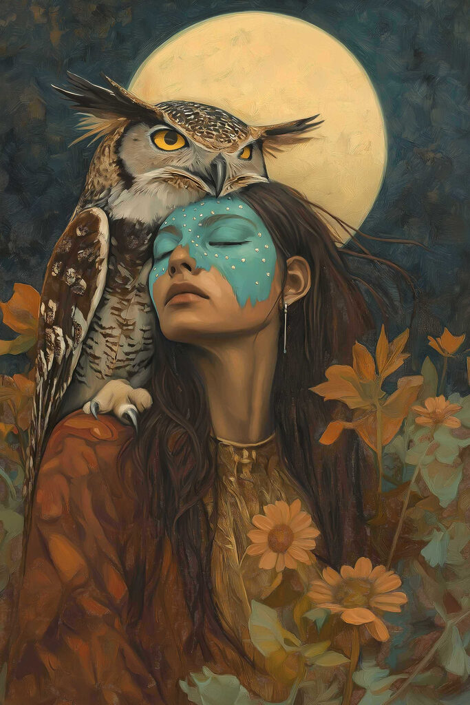 Painting of a woman with an owl on her head