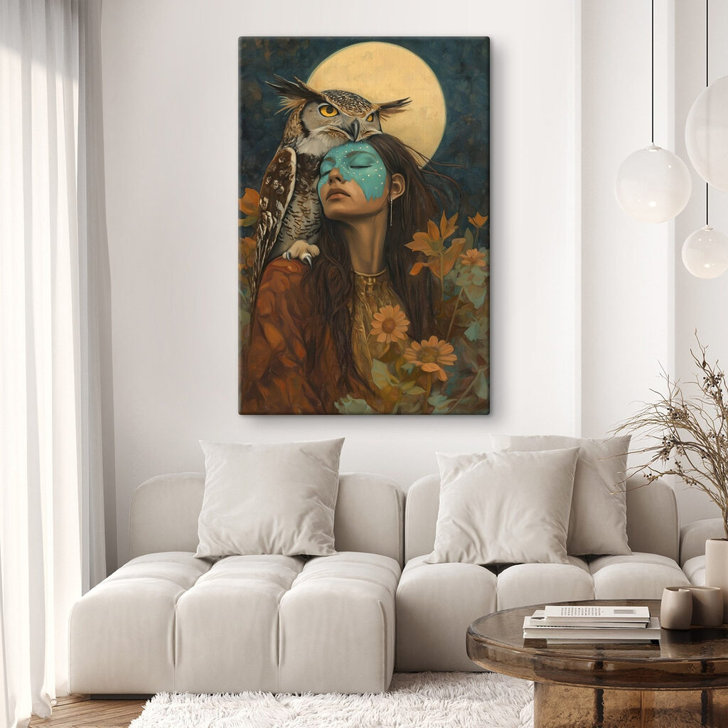 Painting of a woman with an owl on her head