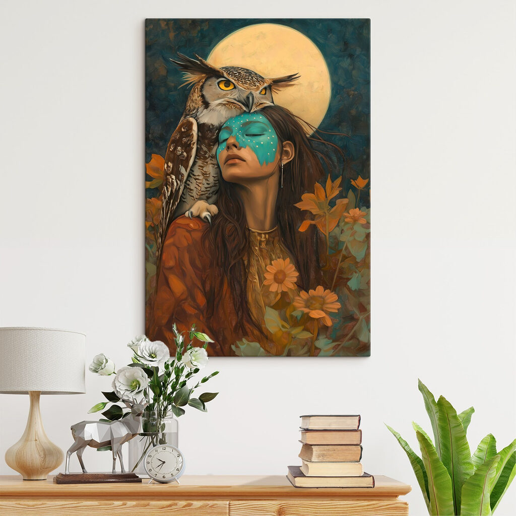 Painting of a woman with an owl on her head