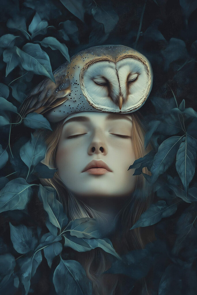 Woman with an owl on her head