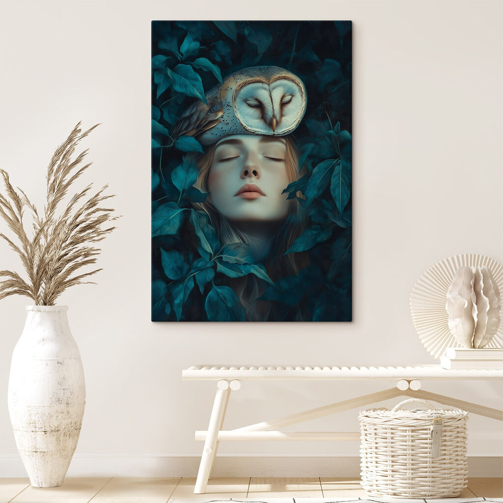 Woman with an owl on her head