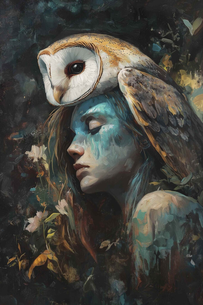 Painting of a woman with an owl on her head Painting of a woman with an owl on her head