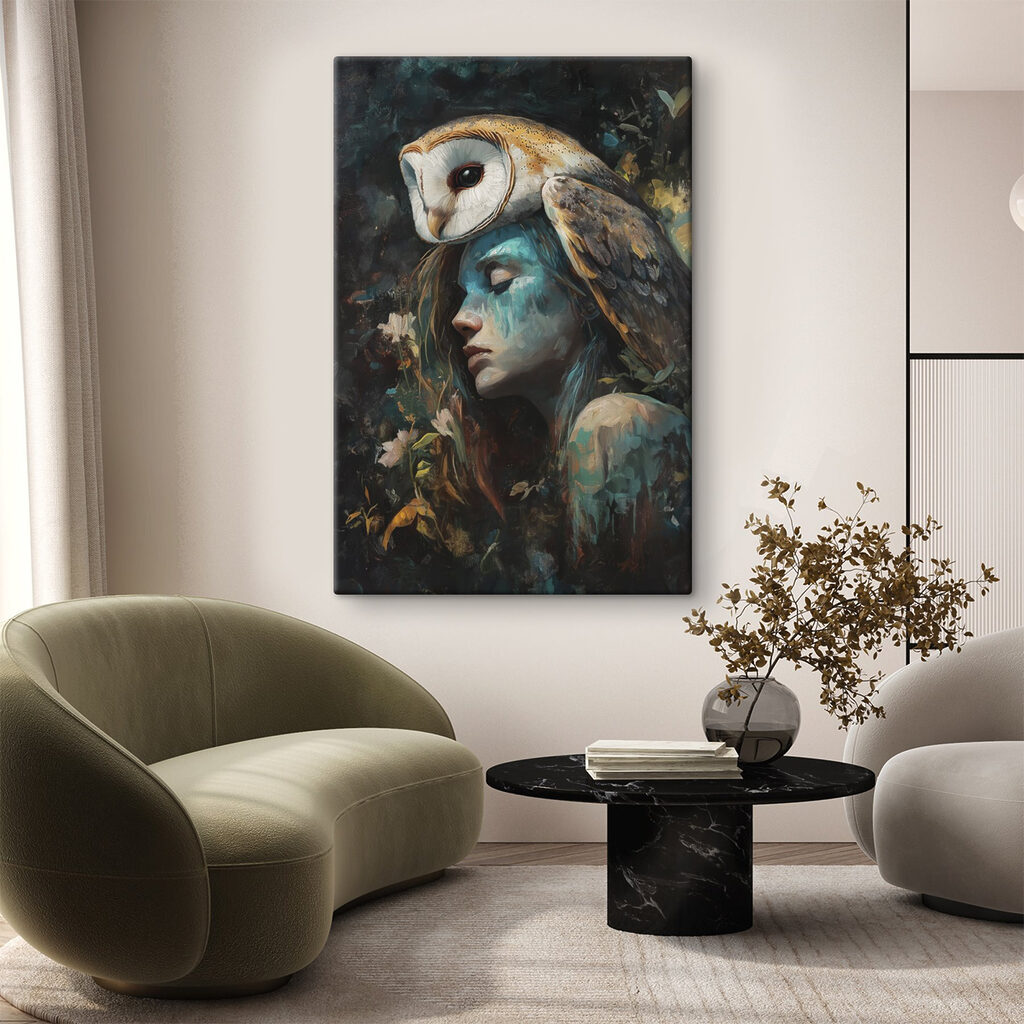 Painting of a woman with an owl on her head Painting of a woman with an owl on her head