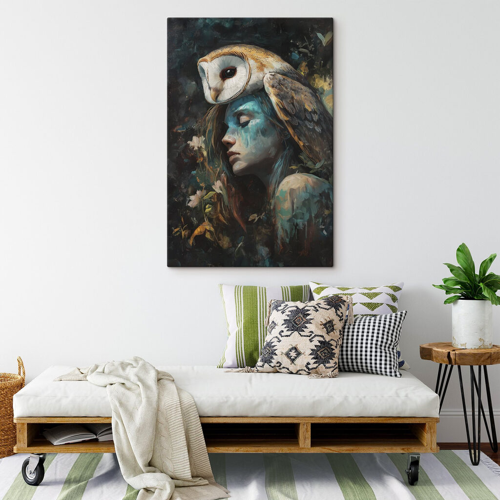 Painting of a woman with an owl on her head Painting of a woman with an owl on her head