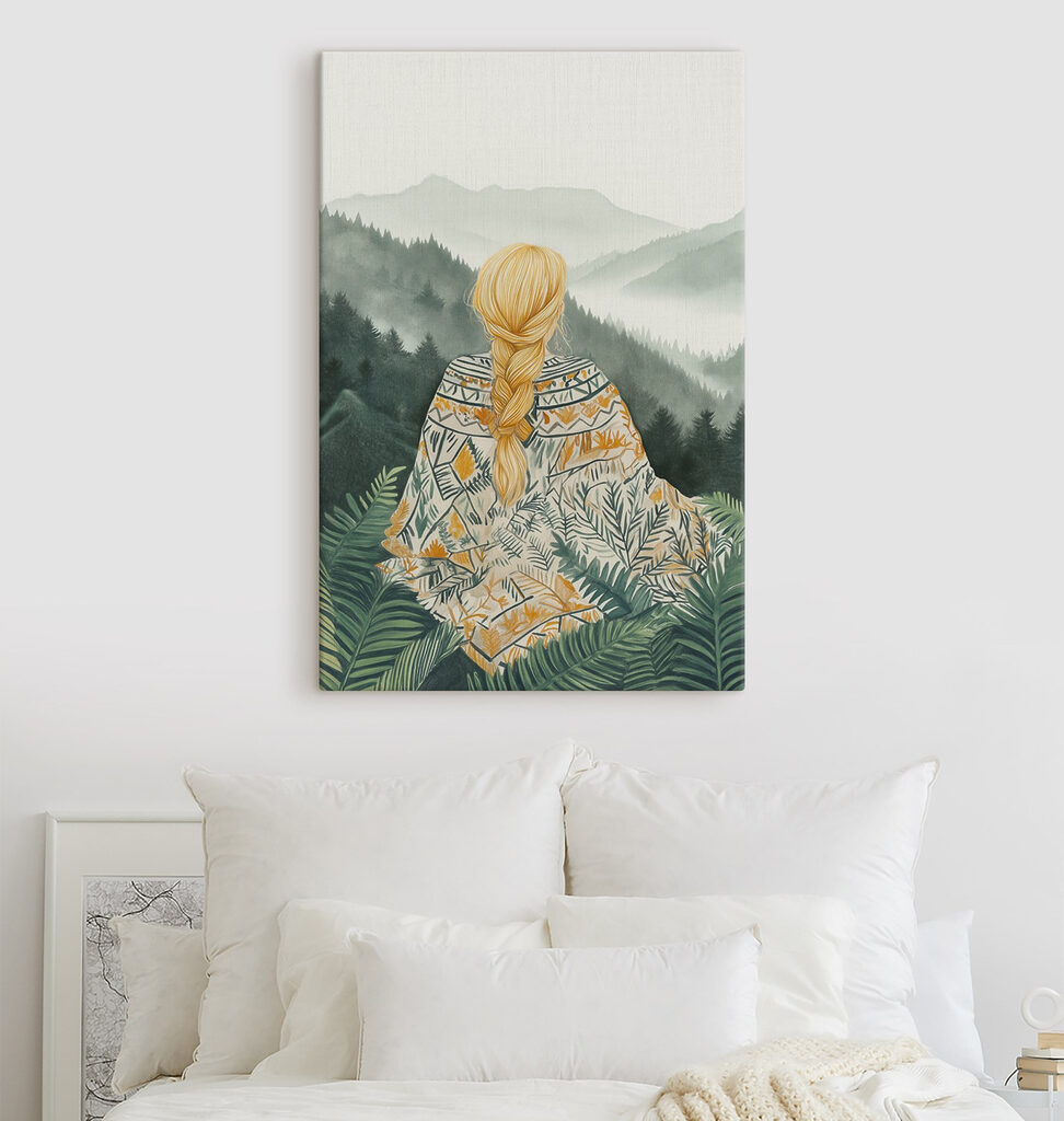 Woman sitting in a forest looking at mountains Woman sitting in a forest looking at mountains