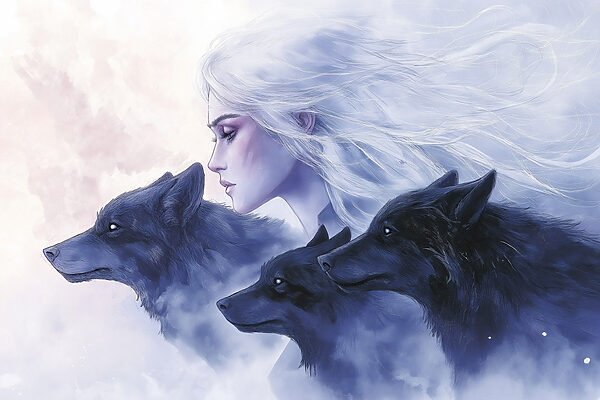 Woman with white hair and wolfs