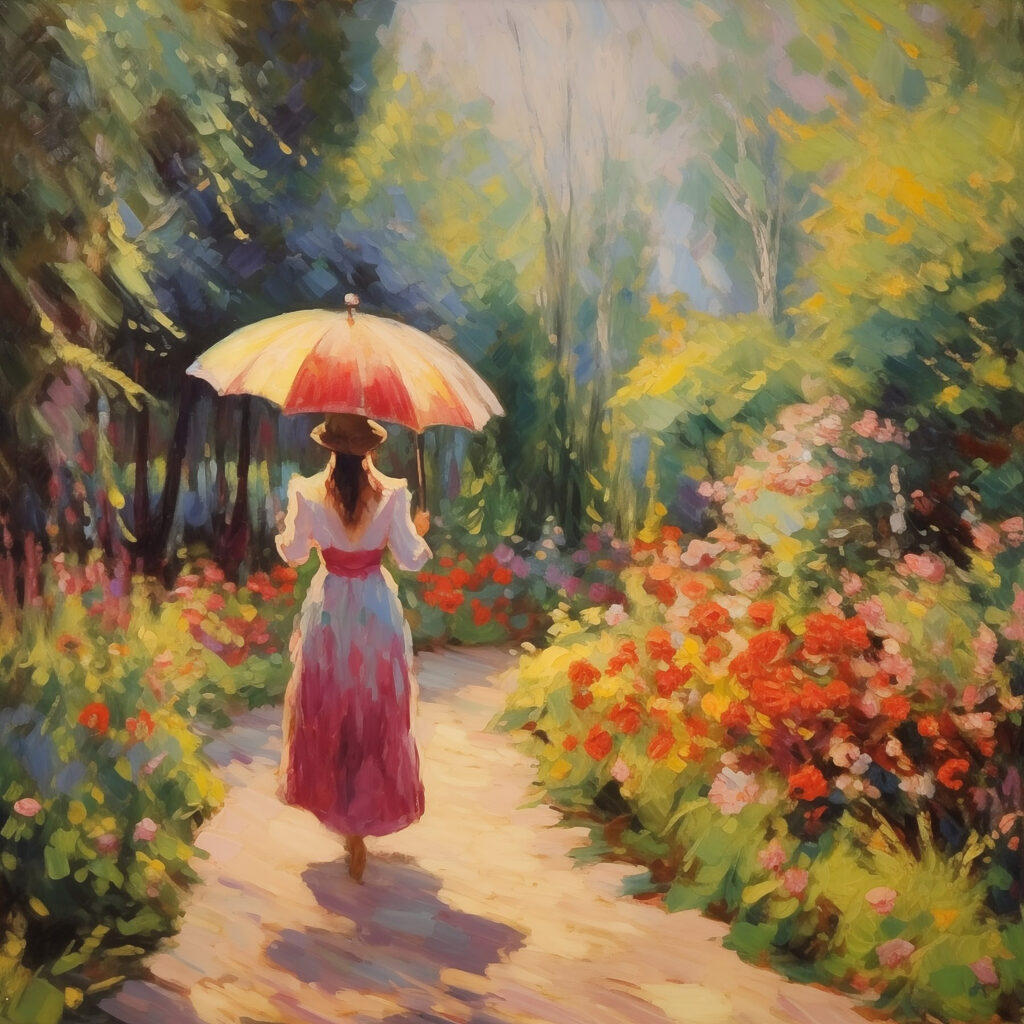 Woman walking down a path with a large umbrella
