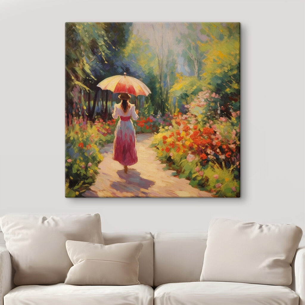 Woman walking down a path with a large umbrella
