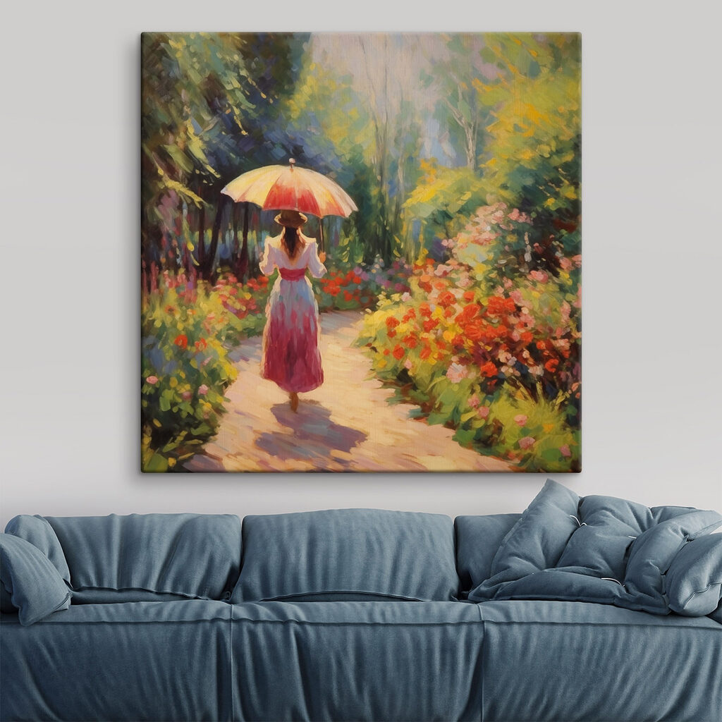 Woman walking down a path with a large umbrella