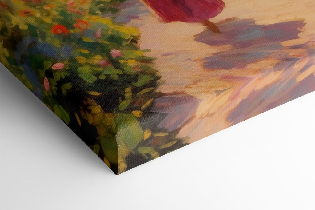 Woman walking down a path with a large umbrella