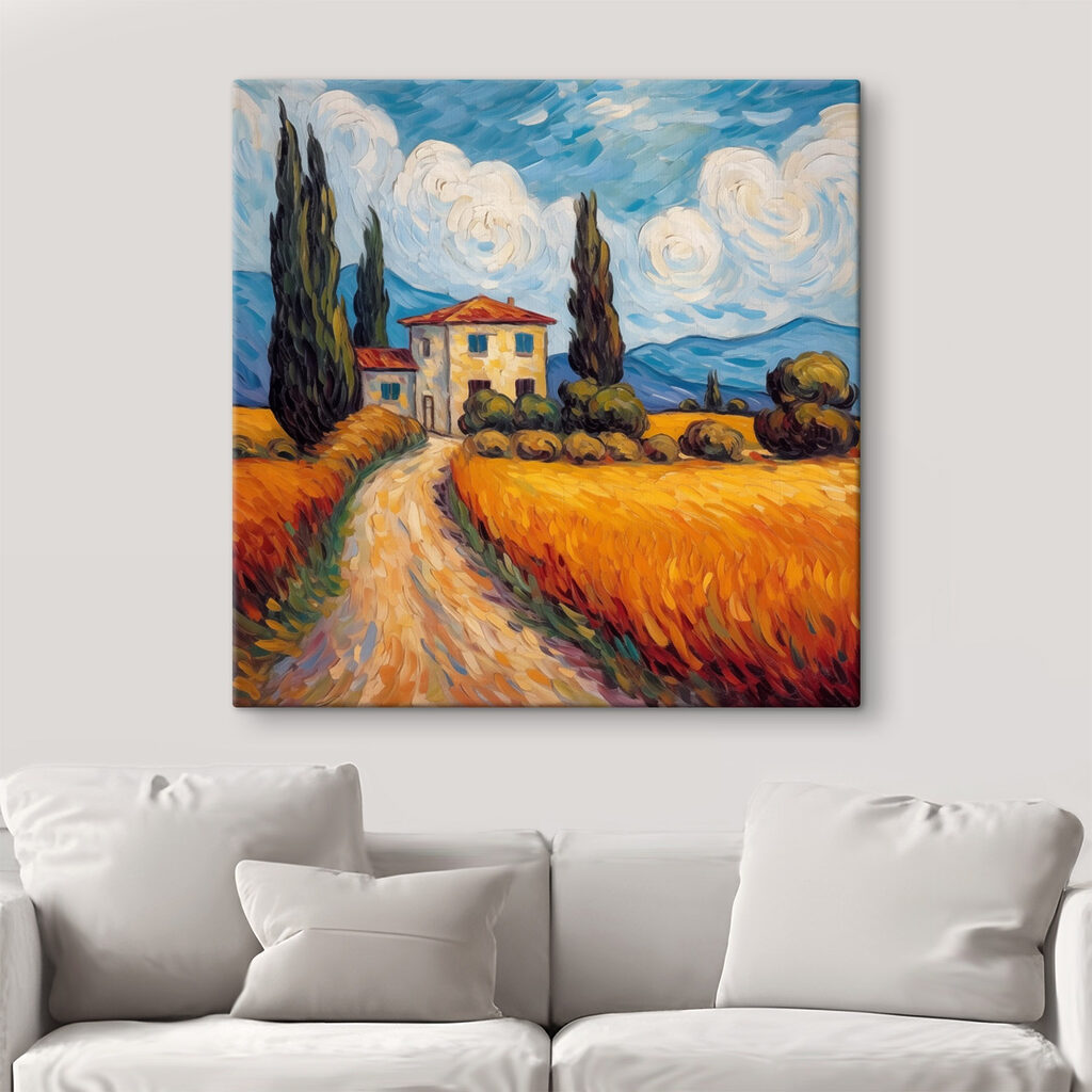 Painting of a house in a wheat field Painting of a house in a wheat field