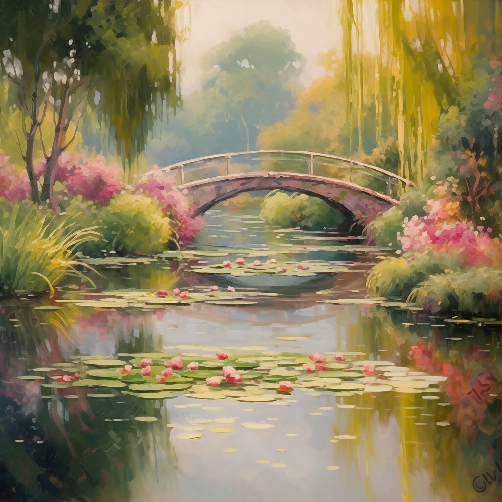 Bridge over a pond with lily pads and flowers Bridge over a pond with lily pads and flowers
