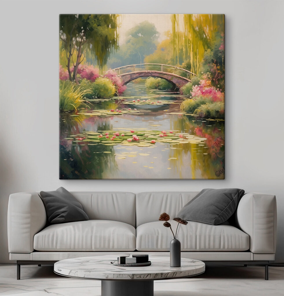 Bridge over a pond with lily pads and flowers Bridge over a pond with lily pads and flowers