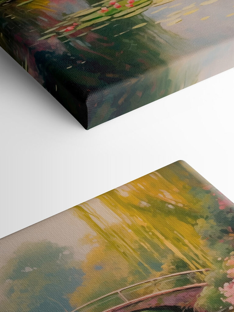 Bridge over a pond with lily pads and flowers Bridge over a pond with lily pads and flowers