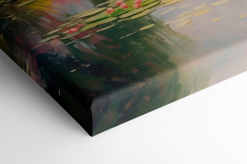 Bridge over a pond with lily pads and flowers Bridge over a pond with lily pads and flowers