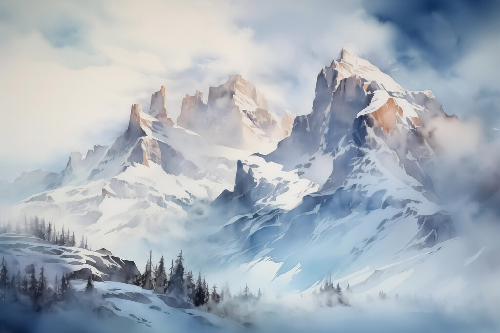Snowy mountain range with trees