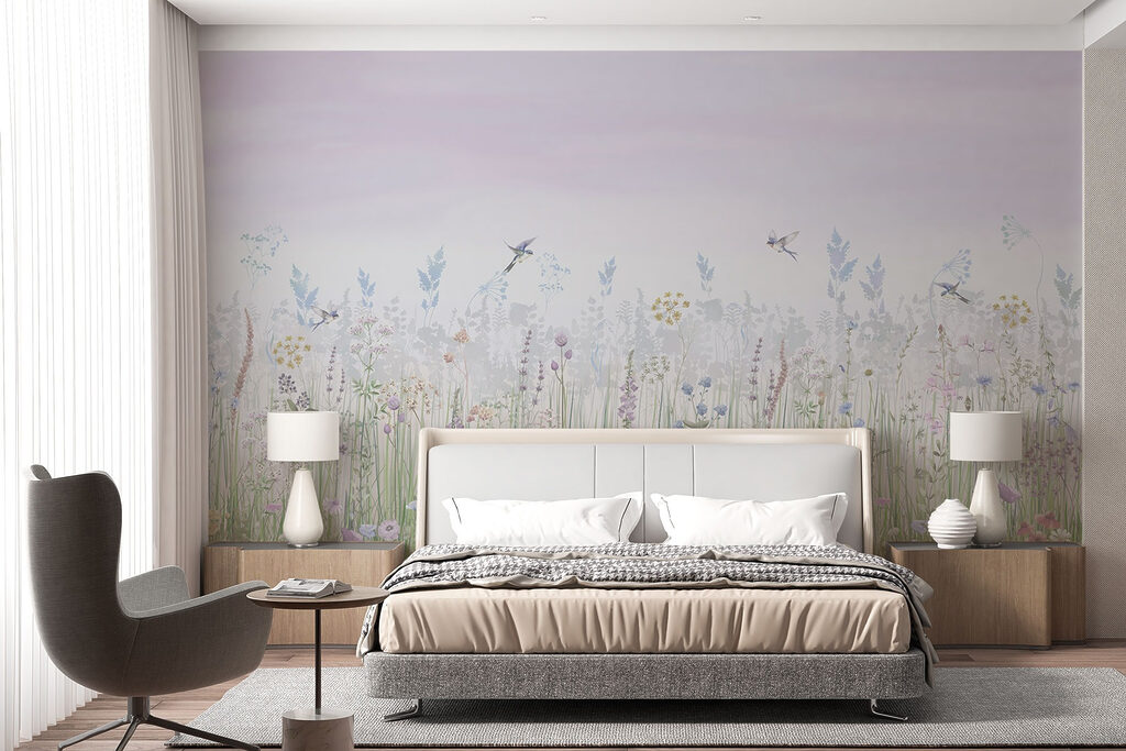 Field of flowers and birds