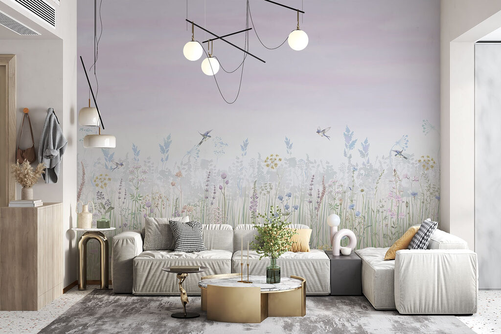 Field of flowers and birds