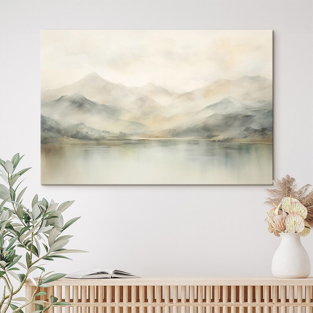 Watercolor of a lake with mountains in the distance Watercolor of a lake with mountains in the distance