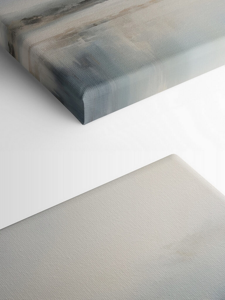 Painting of a landscape with a body of water and fog