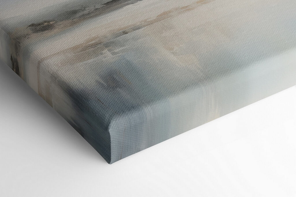 Painting of a landscape with a body of water and fog