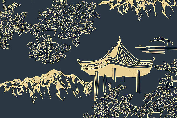 Pagoda a hory s kvetmi Pagoda a hory s kvetmi