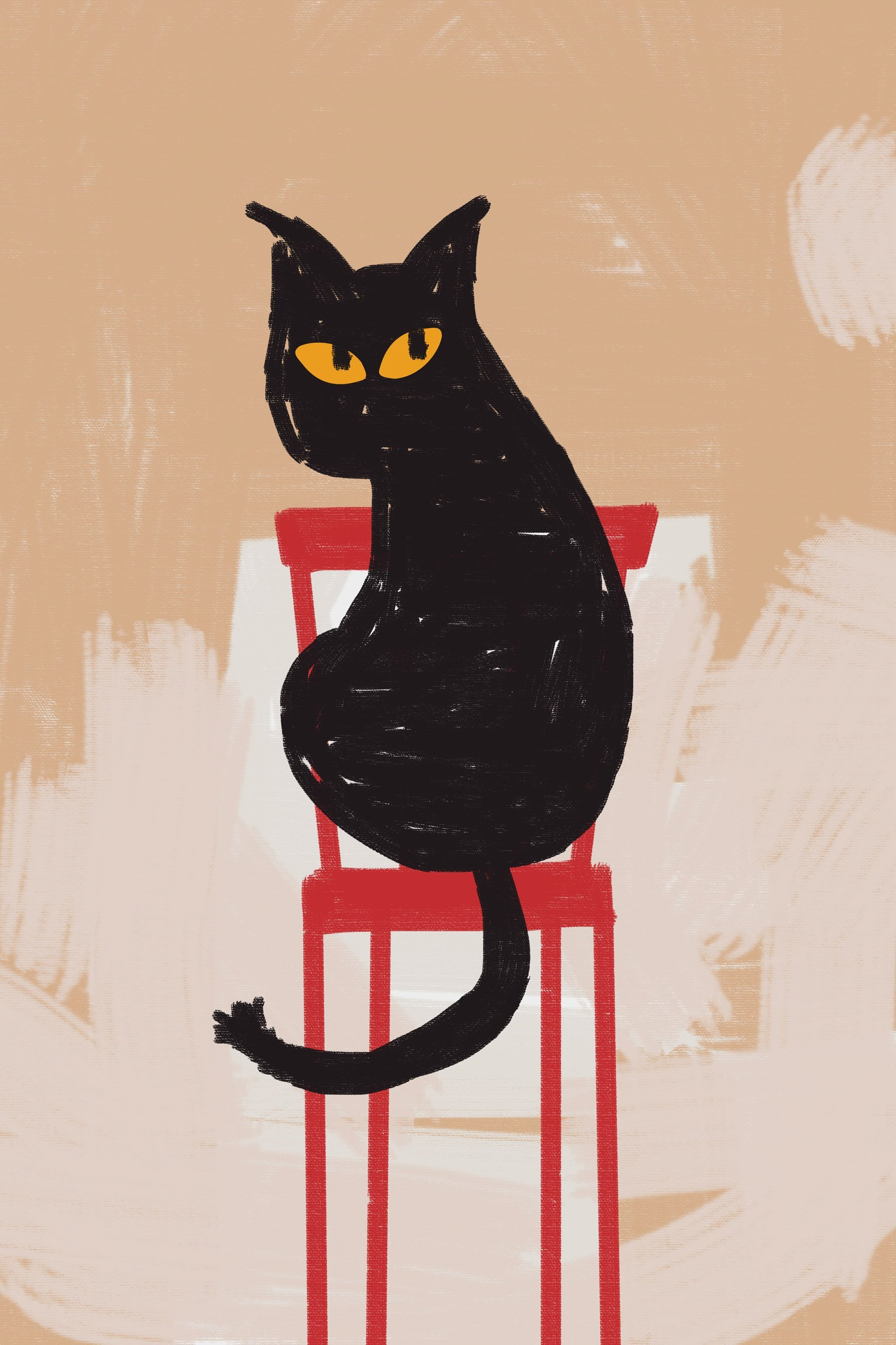 Black cat sitting on a red chair