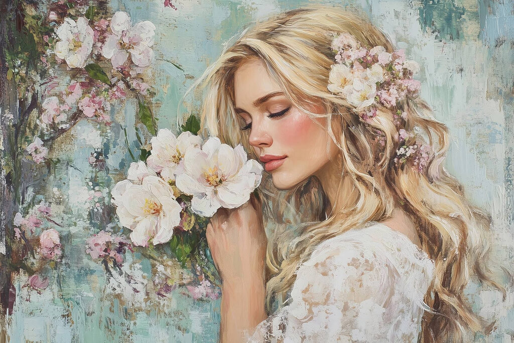 Painting of a woman smelling flowers Painting of a woman smelling flowers
