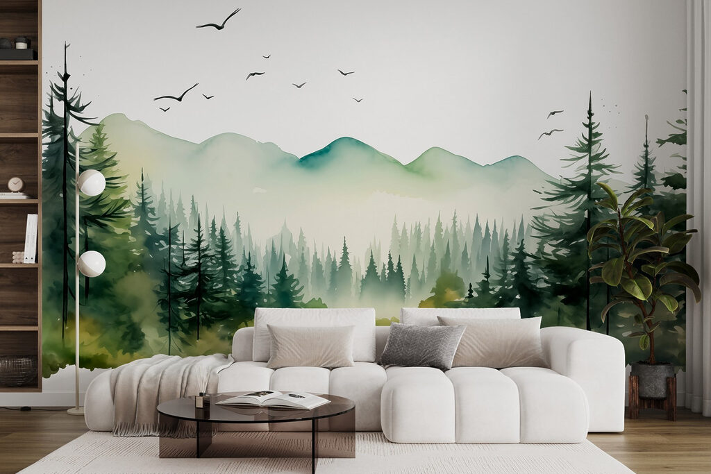 Watercolor of a forest and mountains Watercolor of a forest and mountains