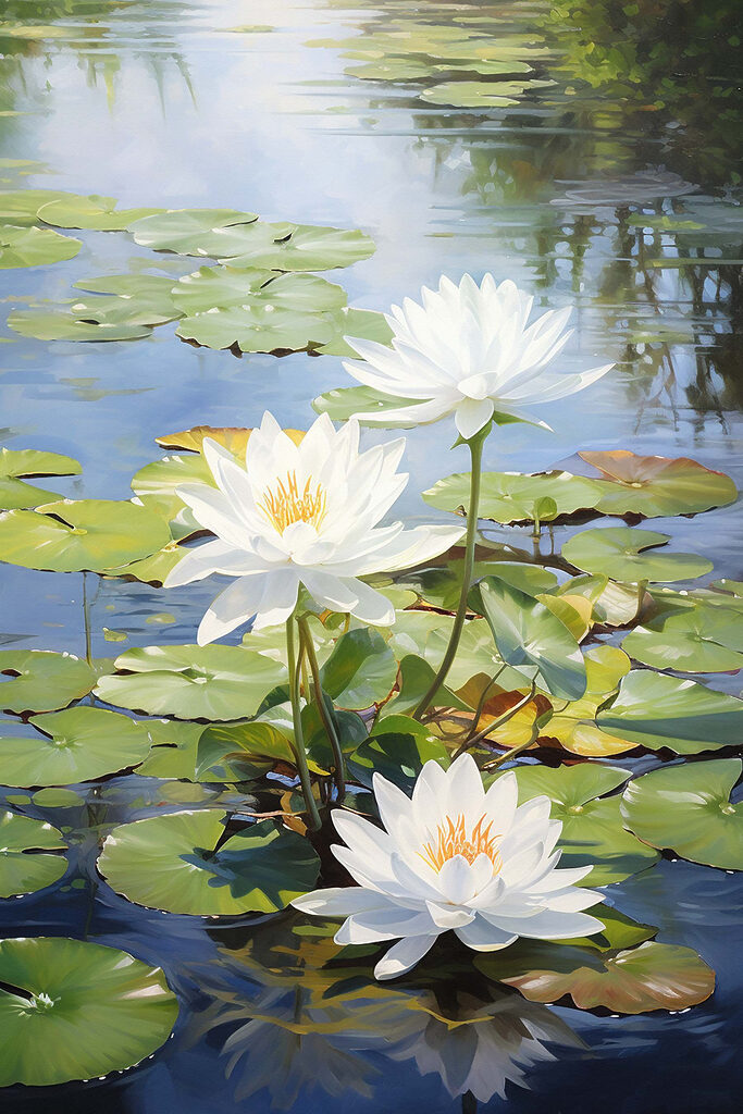 Group of white flowers in a pond