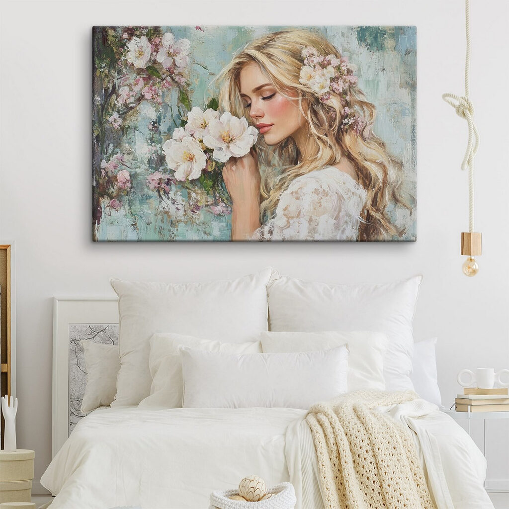 Painting of a woman smelling flowers Painting of a woman smelling flowers