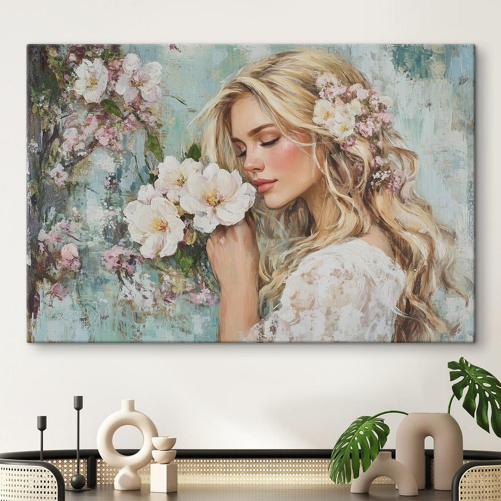 Painting of a woman smelling flowers Painting of a woman smelling flowers
