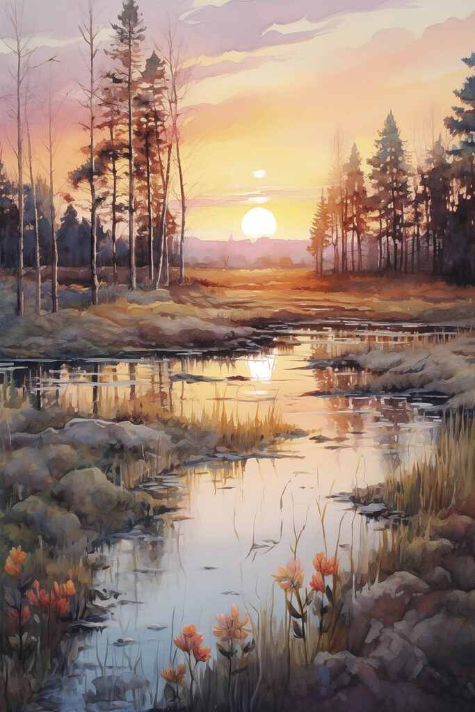 Watercolor painting of a river with trees and a sunset Watercolor painting of a river with trees and a sunset
