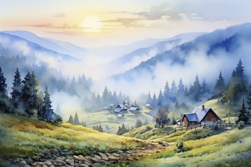 Painting of a village in the mountains Painting of a village in the mountains