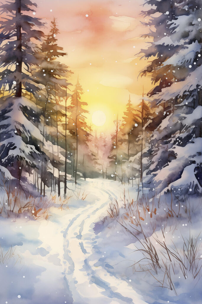 Watercolor painting of a snowy forest