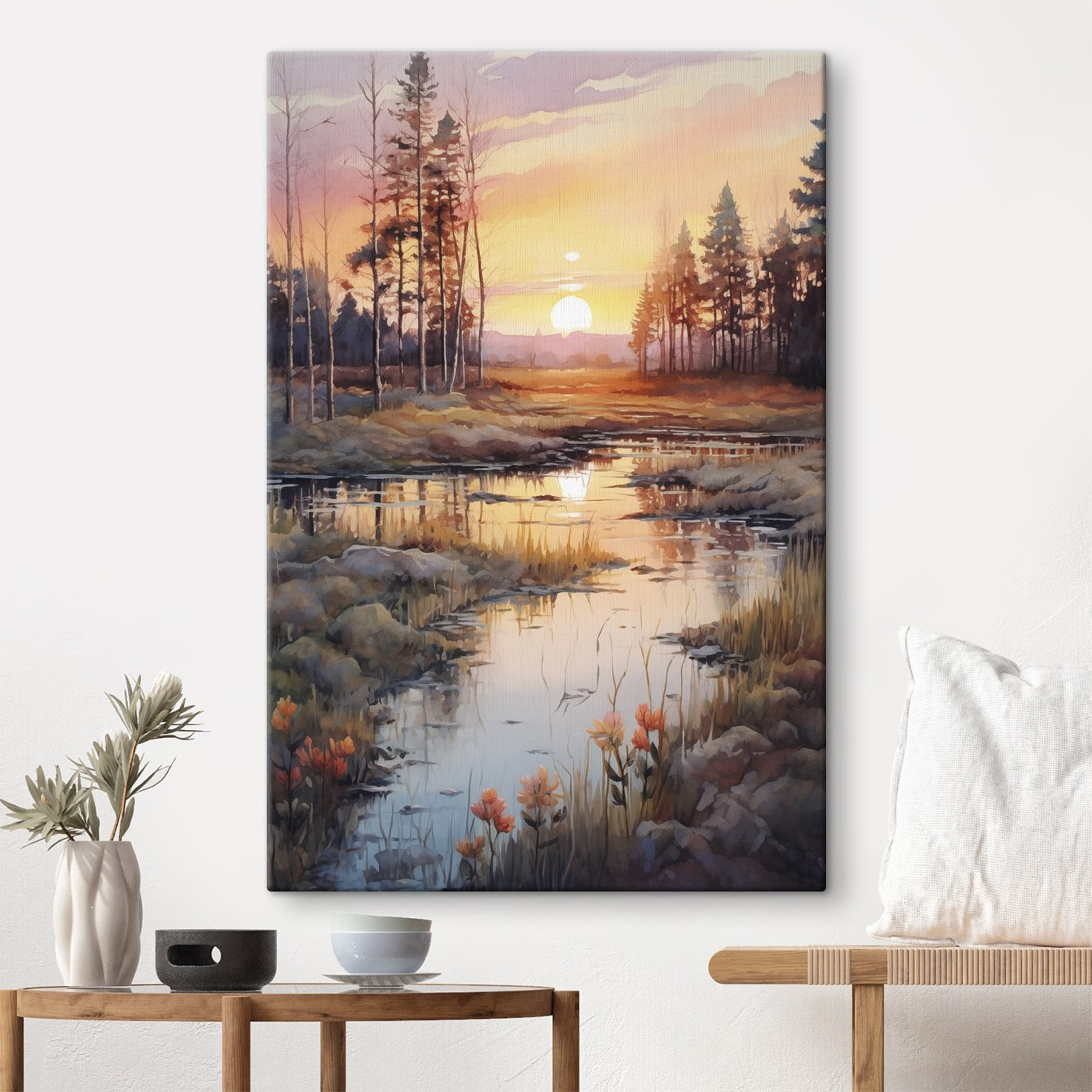 Watercolor painting of a river with trees and a sunset Watercolor painting of a river with trees and a sunset