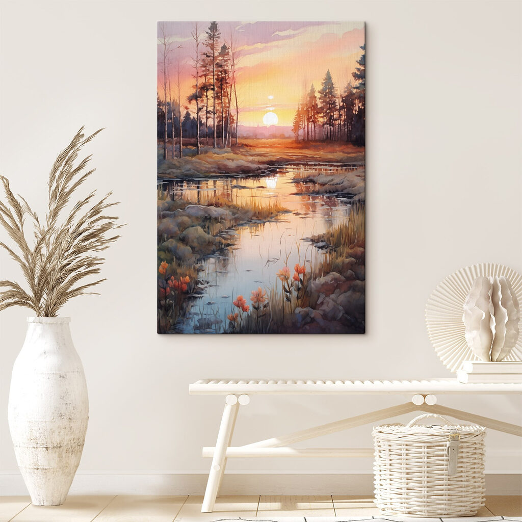 Watercolor painting of a river with trees and a sunset Watercolor painting of a river with trees and a sunset