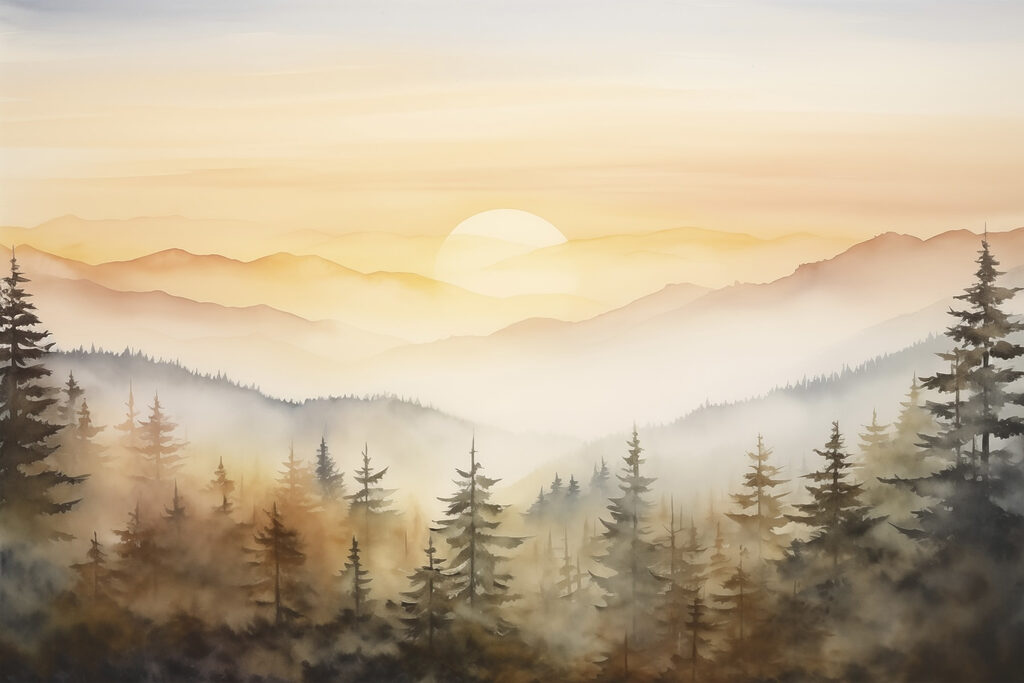 Watercolor painting of a forest and mountains Watercolor painting of a forest and mountains