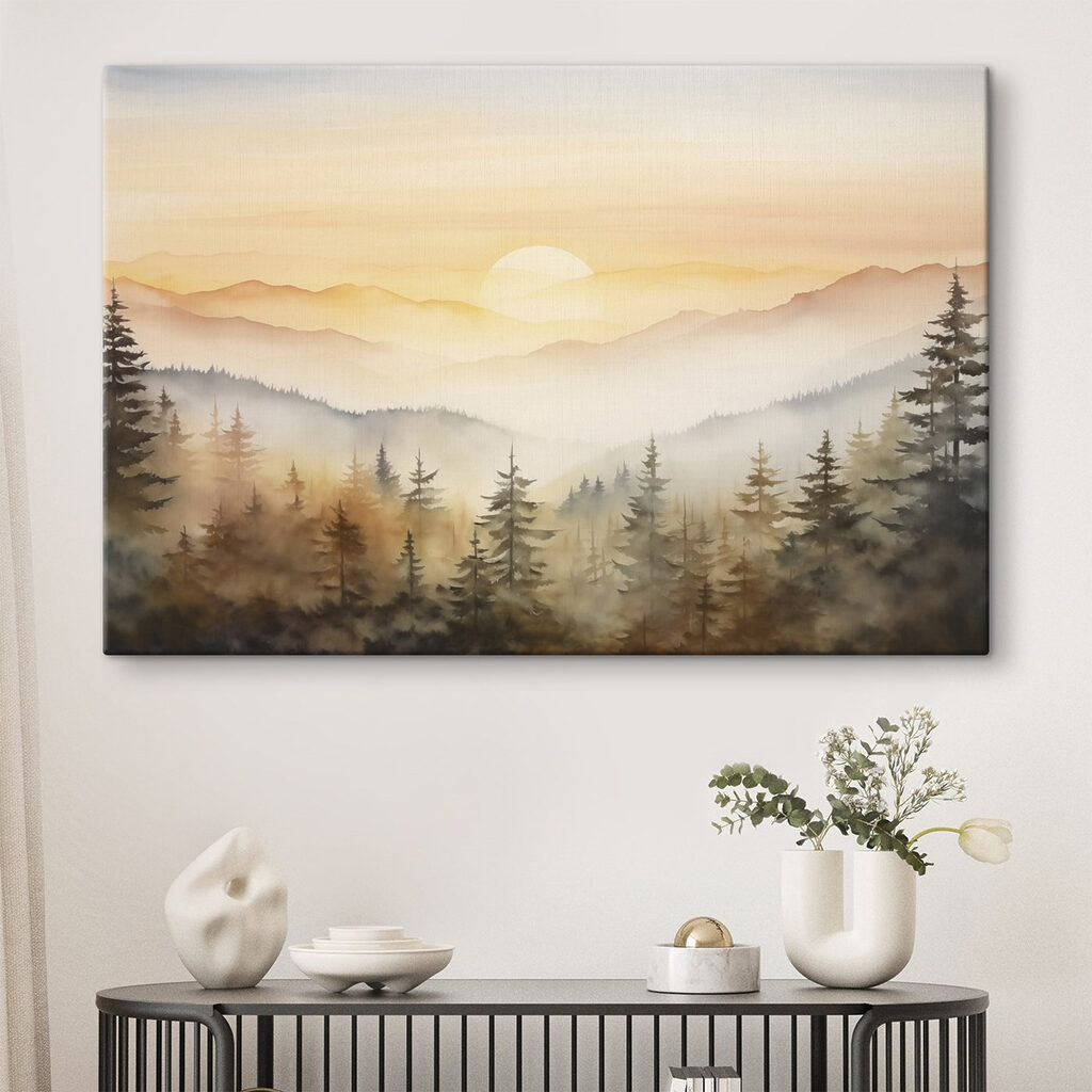 Watercolor painting of a forest and mountains Watercolor painting of a forest and mountains